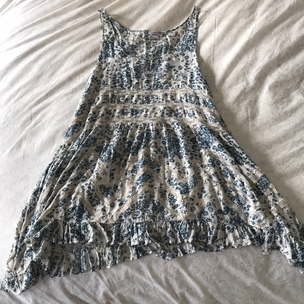 Free People White Blue Floral Trapeze Dress